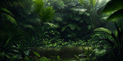 Wall Mural - Lake in wild jungle. Heavy rain. Dark tropical forest with exotic plants, palm trees, big leaves and ferns. Scary thicket of the rainforest. Streams of water, wet green vegetation. Generative AI