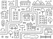 Kids Town Map Doodle. City Map With Mountains, Cars, Forest, Roads, House, River. Landscape For Children In Sketch Style. Hand Drawn Vector Illustration Isolated On White Background