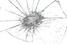 Close Up Of A Broken Glass  With Shards And Cracks On Transparent Background	