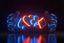 Aces Cards Symbols With Futuristic Neon Blue And Red Lights On A Black Background. Club, Diamond, Heart And Spade Icon With Hands. 3D Render Illustration