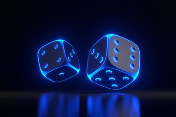 Wall Mural - Two rolling gambling dice with futuristic neon blue lights on a black background. Lucky dice. Board games. Money bets. 3D render illustration