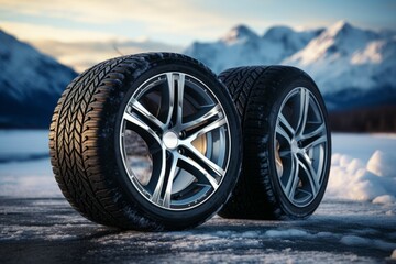 Wall Mural - New car tires on the snow. Background with selective focus and copy space