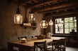 A warm and contemporary lighting in a rustic room. Generative AI