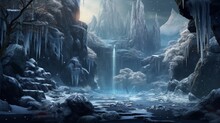 A Frozen Waterfall Surrounded By Jagged Cliffs, Their Surfaces Glistening With Icicles. The Pool At The Base Of The Falls Is Partially Frozen, Creating A Surreal Mosaic Of Ice Formations