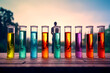 Test tubes with colored liquid on the background of a person