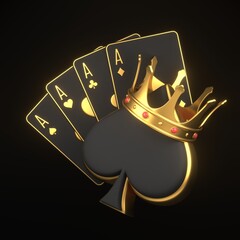 Wall Mural - Playing cards with aces cards symbols and golden crown on a black background. Spade icon. Casino cards, blackjack, poker. 3D render illustration