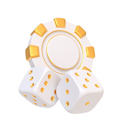 Wall Mural - Casino chips and gambling dices  isolated on a white background. Poker, blackjack, baccarat game concept. 3D render illustration