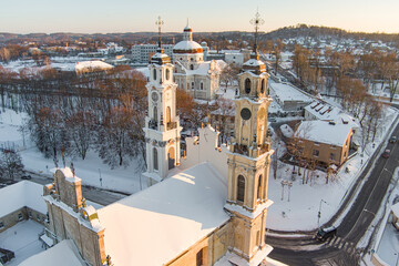 Wall Mural - Aerial night view of church of the Ascension of the Lord in Vilnius, Lithuania. Beautiful sunny Vilnius city scene in winter.