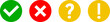 © Kagan Kaya - Green Red and Yellow Yes or OK No or Declined Problem or Warning Flat Icon Set with Check Mark X Cross Exclamation and Question Mark Symbols in Circles. Vector Image.
