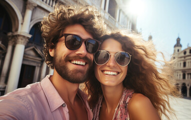 Wall Mural - A happy vogue fashion couple taking selfies with bright solid light color clothes in summer