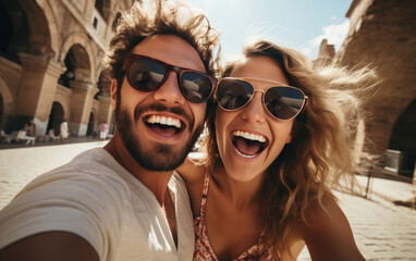 Wall Mural - A happy vogue fashion couple taking selfies with bright solid light color clothes in summer