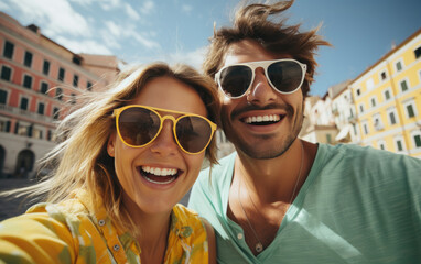 Wall Mural - A happy vogue fashion couple taking selfies with bright solid light color clothes in summer