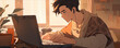 Anime portrait of a college student studying at his laptop computer