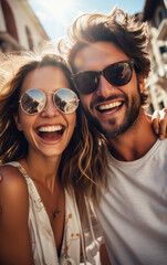 Wall Mural - A happy vogue fashion couple taking selfies with bright solid light color clothes in summer