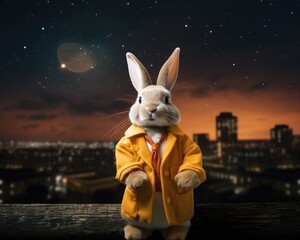 Canvas Print - A rabbit toy in a yellow coat standing on a ledge. Generative AI.