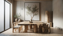 Rustic Live Edge Dining Table And Wooden Log Chairs Against Beige Wall With Big Art Poster Frame. Farmhouse, Japandi Interior Design Of Modern Dining Room. Photorealistic