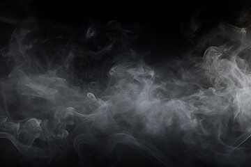 The wallpaper of the white and grey smoke steam slowly floating in the air isolated on black background. Generative AI.