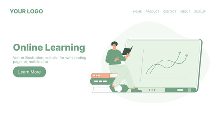 Online Learning. Web Landing Page Design. Flat Cartoon Vector Illustration.