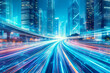 Speed light trails path through smart modern mega city and skyscrapers town with neon futuristic technology background, future virtual reality, motion effect, high speed light