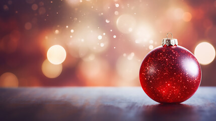 Wall Mural - Christmas background with red bauble over magic bokeh background on wooden table