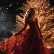 © Jungin - Woman in red dress in front of colorful tree on Christmas night