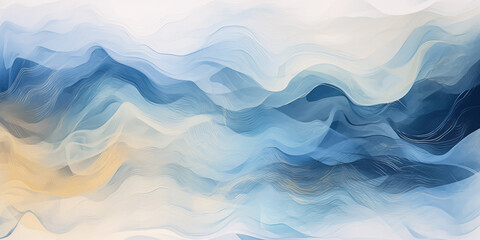  Abstract wavy smoke watercolor texture. Blue, and white water wave background illustration. Nautical ocean wave, beach travel backdrop. Watercolor paint wavy water painting texture for mobile web.