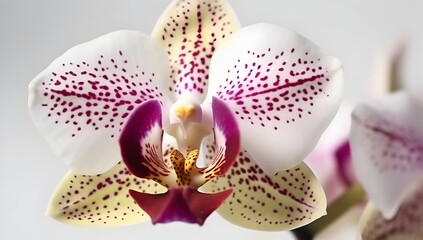  close up of white orchid with purple spots isolated on white background. close up, banner design