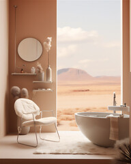 minimalist luxury bathroom with desert theme, futuristic basin and shower, white towels, cosmetic racks and large mirror, two chair and little table with flower, hyper realistic,