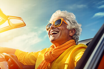 Happy old man enjoying summer road trip, adventure in luxury convertible car, happy old age, lifestyle of wealth and freedom