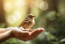 Hand Holding A Cute Little Bird. AI Generated Images