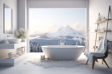 Minimalist Luxury Bathroom With Mountain Theme, Large Bathtub, Futuristic Basin And Shower, White Towels, Cosmetic Racks And Large Mirror, Two Chair And Little Table With Flower, Hyper Realistic,