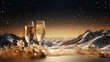 champaign glasses holiday gold snowflakes sparkling night with mountains in the background, elegant and luxurious style, new year