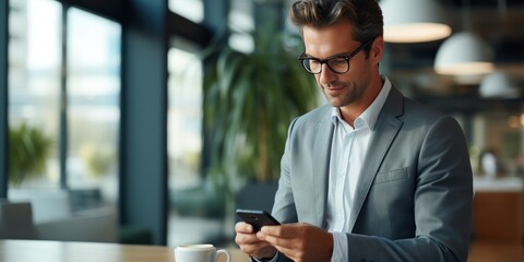 business man reading a message on a mobile phone in an office, generative AI