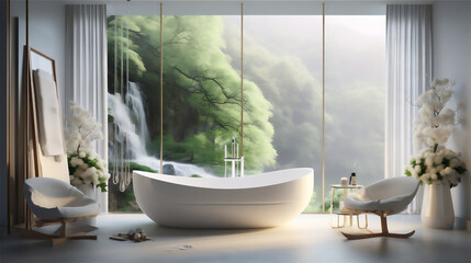 minimalist luxury bathroom with meadow theme, large bathtub, futuristic basin and shower, white towels, cosmetic racks and large mirror, two chair and little table with flower, hyper realistic,