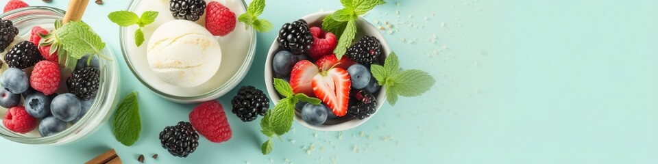 Scoops of Vanilla, mint leaves in a glass bowl, sprinkles, berries, and flowers.