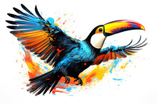 Image Of Colorful Toucan Is Flying With Its Wings Spread. Bird, Wildlife Animals, Illustration, Generative AI.