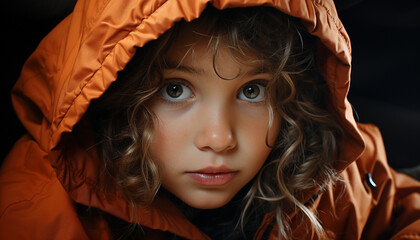 Canvas Print - Cute caucasian child looking at camera, wet from the rain generated by AI