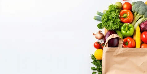 Healthy food in paper bag vegetables and fruits on white background.