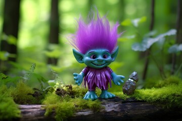 Wall Mural - Tale troll with crystals in the forest, natural green background.