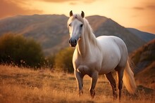 White Horse Or Mare In The Mountains At Sunset.