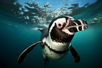 African penguin swims in clear blue water with bubbles behind its tail. Generative AI