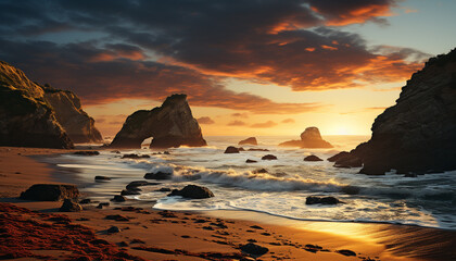 Sticker - Sunset over the coastline, rocks and cliffs create a majestic landscape generated by AI