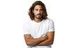 © Muhammad - Studio portrait of young man with long curly hair and beard, arms crossed in white t-shirt, confident casual lifestyle isolated on Transparent Background