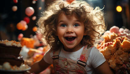 Wall Mural - Smiling cute girl enjoys sweet food, cheerful celebration with family generated by AI