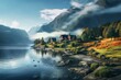 Breathtaking scenery of a beautiful Scandinavian home in a Norwegian village with a misty fjord in the morning. Generative AI