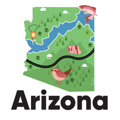 Wall Mural - Arizona map shape with green forest natural animal and icon safari drawing illustration states of America
