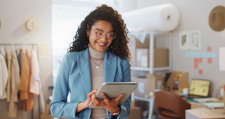 Poster - Ecommerce, boxes and woman with a tablet, business and smile with connection, internet and delivery. Face, person and employee with tech, shipping and company website with online order or digital app