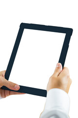 Poster - Digital png photo of hands holding tablet with copy space on transparent background