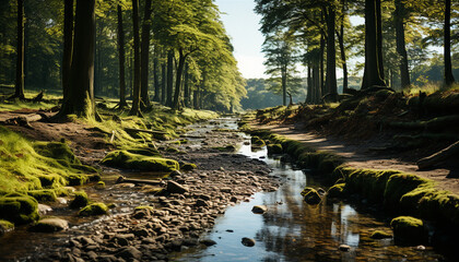 Sticker - Tranquil scene of a green forest with flowing water and sunlight generated by AI