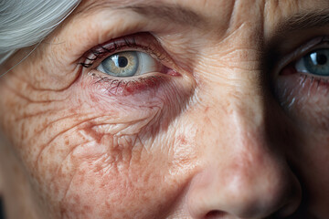 Wall Mural - close-up, pale skin of an old woman with wrinkles and gray hair, blue eye